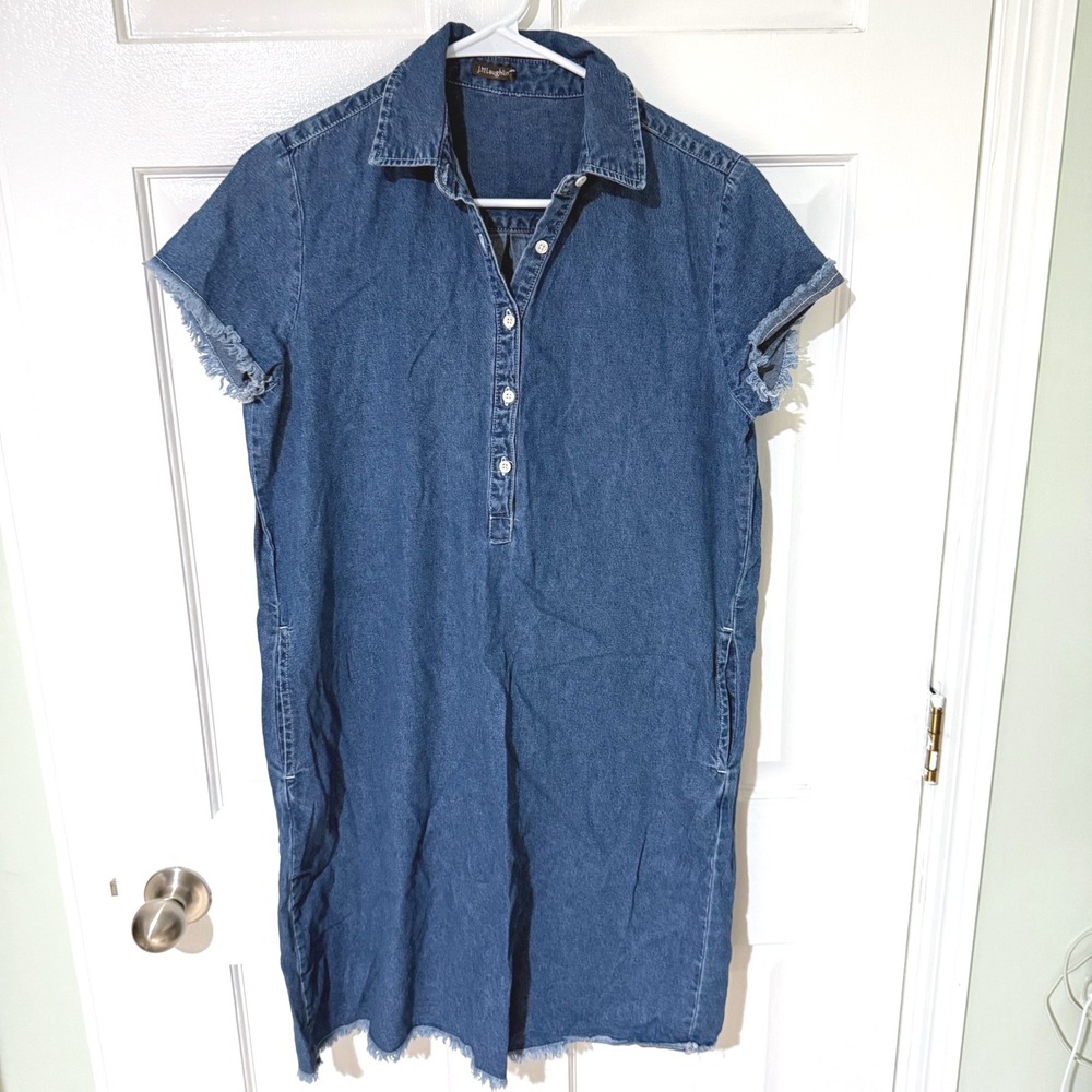 J.McLaughlin Womens Denim Shift Dress Blue Short Sleeve Raw Hem Pockets S